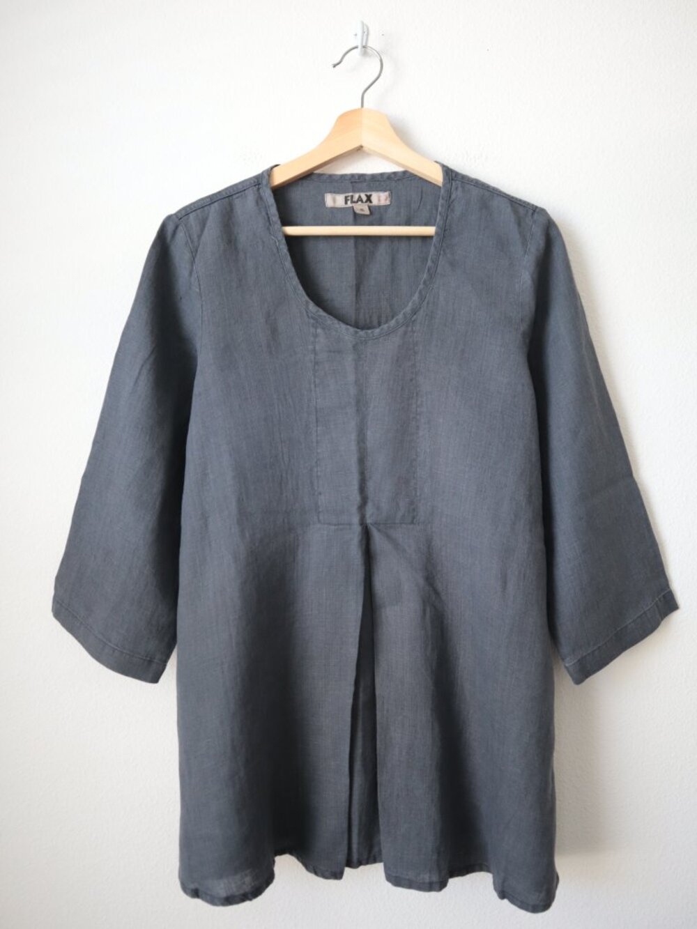 FLAX Gray Linen 3/4 Sleeve Pleat Front Top | S
